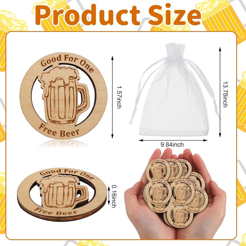 Motionchic 200 Pcs Drink Tokens Bulk for Bars Personalized Wooden Drink Tickets with Organza Bags Poker Chips for Wedding Party Oktoberfest Bar Event Supplies - Image 3